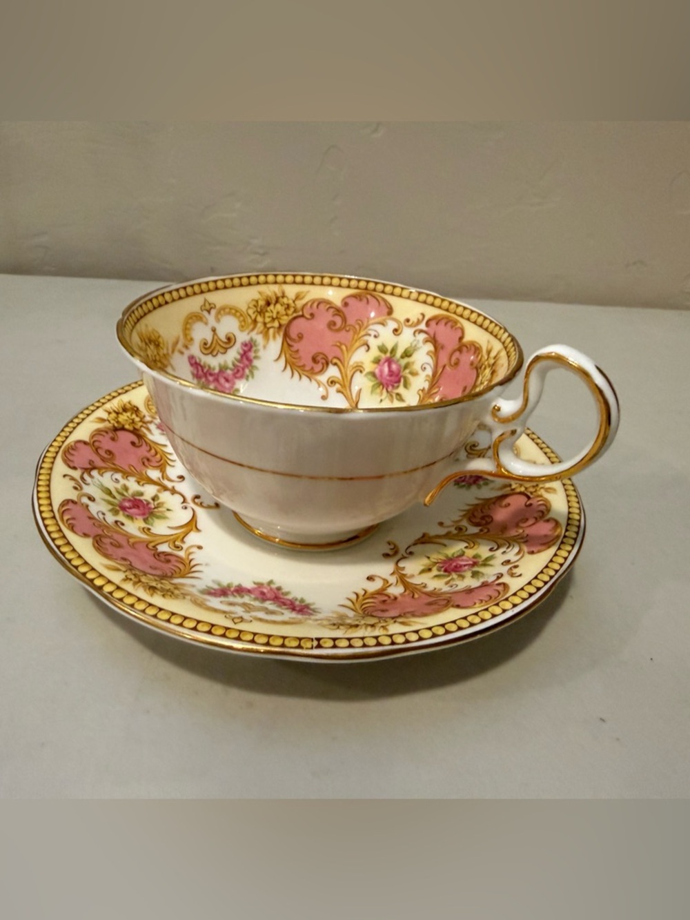Vintage Aynsley C1185 Pink Cartouche Teacup and Saucer Gold Scrolls Pink England